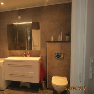 Ferdig bad sett fra døra. Badet har baderomsplater på vegger, belegg på gulv og hvitmalt furupanel i taket.